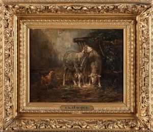 Moutons Et Coq Dans Une Ecurie by Charles Emile Jacque
