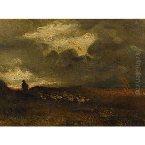 Hirte Mit Schafherde Im Abendlicht by Charles Emile Jacque