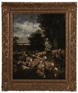 Shepherd With Flock Of Sheep by Charles Emile Jacque