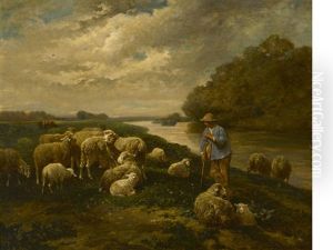 Un Berger Avec Ses Moutons Au Bord De La Riviere by Charles Emile Jacque