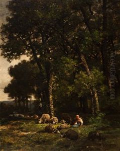Shepherdess With Her Flock At The Edge Of The Forest