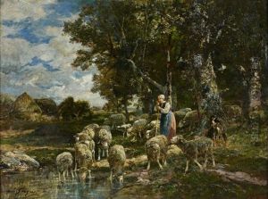 Bergere Et Son Troupeau En Lisiere De Foret by Charles Emile Jacque