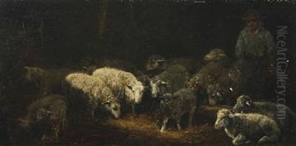 Sheep And Shepherd Boy In A Barn - view 1