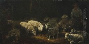 Sheep And Shepherd Boy In A Barn by Charles Emile Jacque