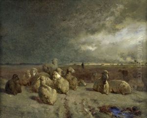 Schafherde Bei Aufziehendem Gewitter by Charles Emile Jacque