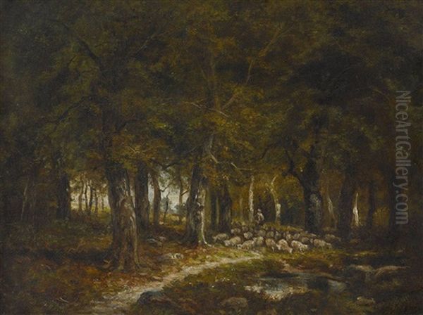 Schafer Mit Herde In Waldlandschaft - view 1