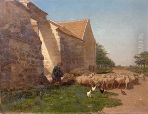 Berger Et Son Troupeau Sortant De La Ferme by Charles Emile Jacque