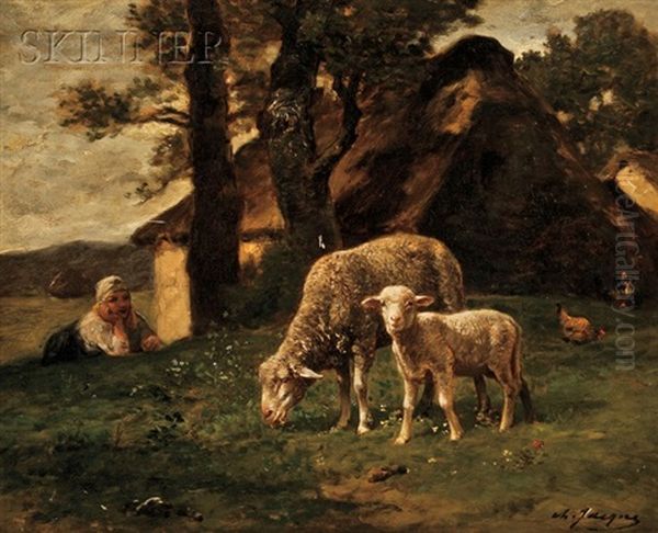 View Of A Shepherdess Watching A Grazing Ewe And Lamb At Pasture - view 1