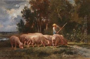 Le Porcher Et Son Troupeau, Pres De La Truffiere by Charles Emile Jacque
