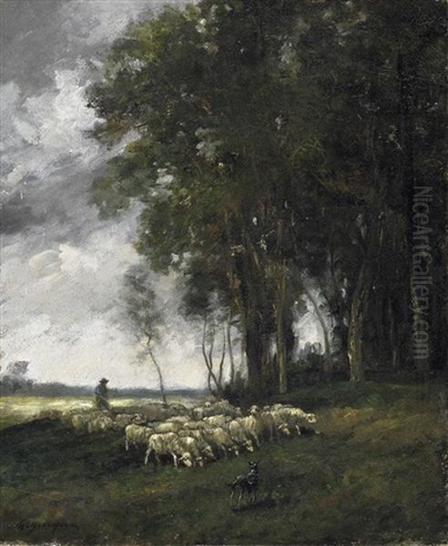 Schafer Mit Seiner Herde Am Waldrand - view 1