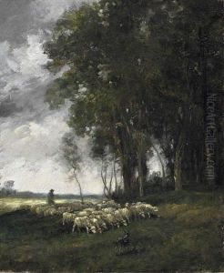 Schafer Mit Seiner Herde Am Waldrand
