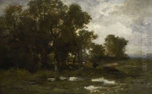 Rastender Hirte Mit Rindern Am Waldrand - view 1