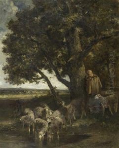 Hirte Mit Schafen Unterm Baum by Charles Emile Jacque