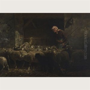 A Shepherdess And Flock In A Barn Interior
