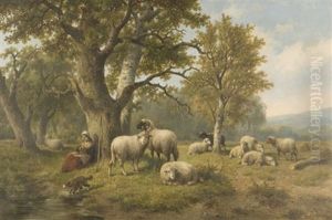 Shepardess With Her Flock by Charles Emile Jacque