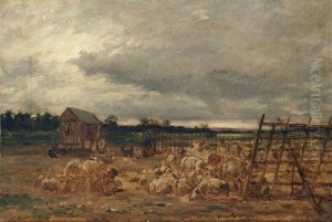 Landschaft Bei Barbizon Mit Lagernder Schafherde Und Einem Schaferkarren by Charles Emile Jacque