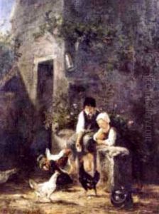 A Farmyard Scene With Figures And Poultry by Charles Emile Jacque