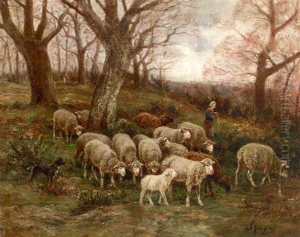 A Shepherdess And Her Flock In A Wooded Landscape - view 1
