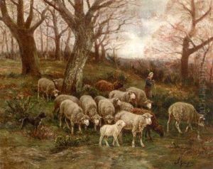 A Shepherdess And Her Flock In A Wooded Landscape by Charles Emile Jacque