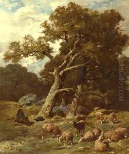 Berger Se Reposant Avec Ses Moutons by Charles Emile Jacque