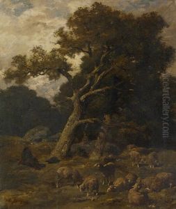 Le Berger Et Ses Moutons Dans La Foret De Fontainebleau by Charles Emile Jacque