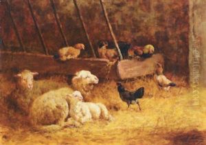 Moutons Et Poules Dans L'etable by Charles Emile Jacque