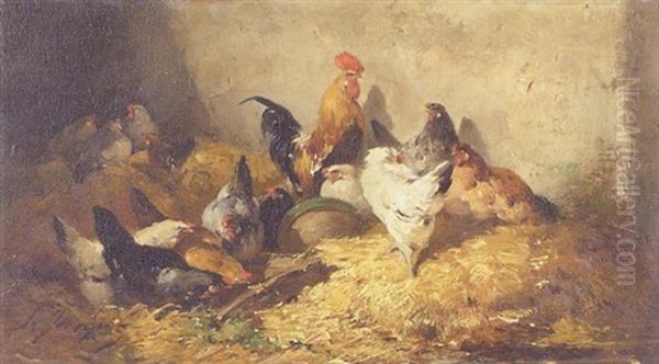 Rooster And Hens In Straw - view 1