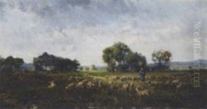 A Shepherd Tending His Flock In A Field by Charles Emile Jacque