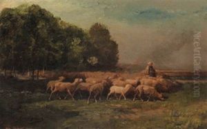Shepherd With Flock In Landscape by Charles Emile Jacque