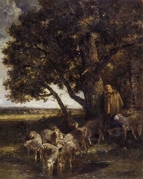 A Sheperdess With Her Flock By A Pool - view 1