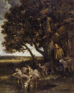 A Sheperdess With Her Flock By A Pool by Charles Emile Jacque
