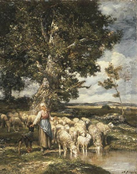 A Shepherdess Watering Her Herd Under A Tree - view 1