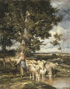 A Shepherdess Watering Her Herd Under A Tree by Charles Emile Jacque
