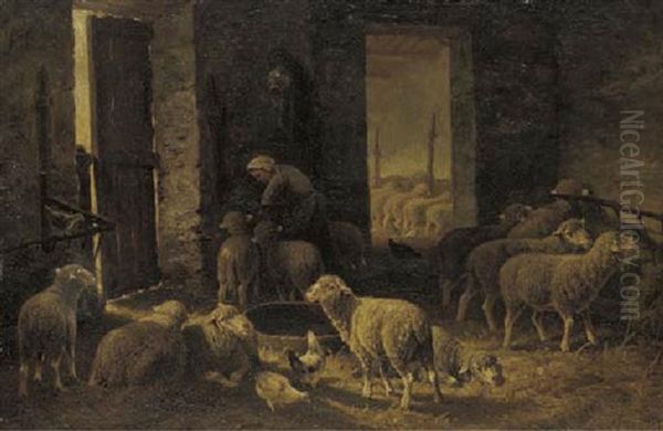 The Interior Of A Stable With Sheep And Chickens - view 1