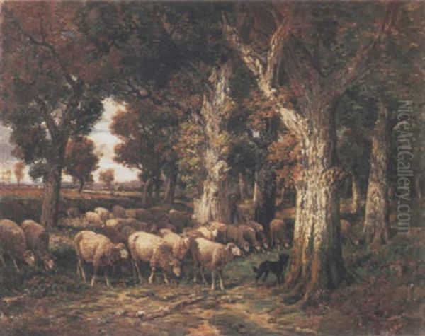 Shepherdess With Her Flock In A Forest - view 1