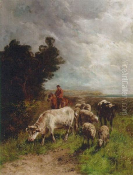 A Drover With Sheep And Cattle In A Coastal Landscape - view 1