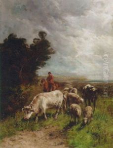 A Drover With Sheep And Cattle In A Coastal Landscape by Charles Emile Jacque