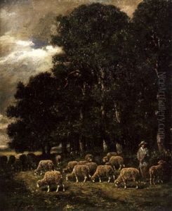 A Shepherd With His Flock Grazing In The Shade by Charles Emile Jacque