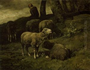 Grazing Sheep With Shepherdess Beyond by Charles Emile Jacque