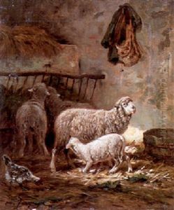 Sheep In A Stable Interior by Charles Emile Jacque