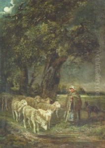 Bergere Gardant Un Troupeau De Moutons by Charles Emile Jacque