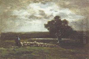 Shepherd And His Flock At Moonlight by Charles Emile Jacque
