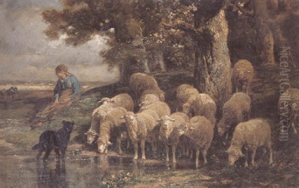 Shepherdess With Her Flock Resting By A Pool - view 1