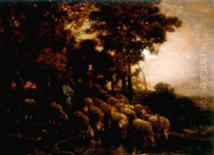 A Shepherd Tending His Flock By Moonlight by Charles Emile Jacque