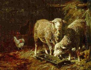 Sheep And Chickens Feeding In A Barn by Charles Emile Jacque