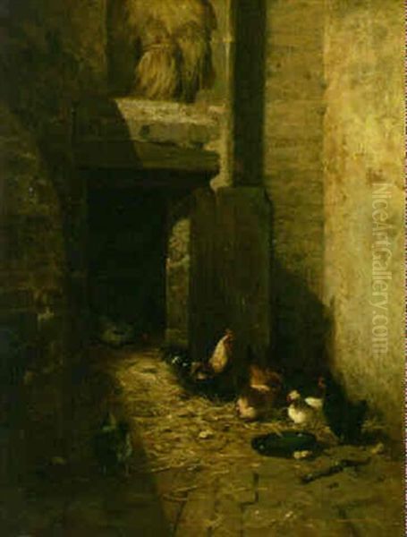 Roosters And Hens In A Barn - view 1