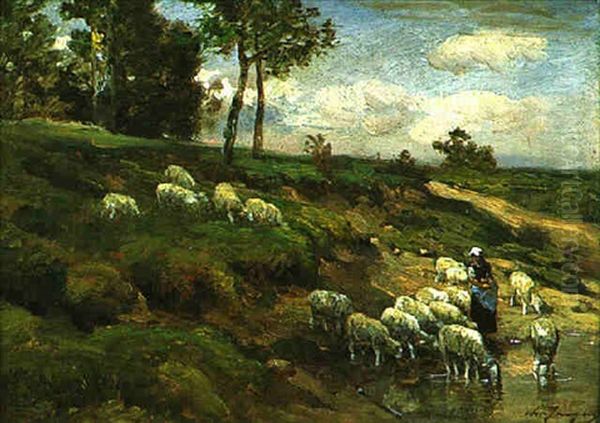 Moutons A La Mare Et Bergere - view 1