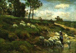Moutons A La Mare Et Bergere by Charles Emile Jacque