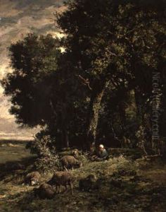 Sommerliche Landschaft Mit Schafhirtin by Charles Emile Jacque
