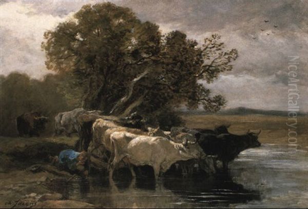 Drover Watering Cattle At A Pond - view 1